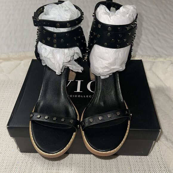 VICI 10 Celeste Black Metallic Studded Block Heel Strappy Multi Buckle Sandal - Picture 5 of 13